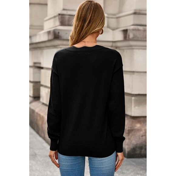 Women's V Neck Long Sleeve Knit Sweater Lightweight Casual Solid Top - Picture 3 of 5